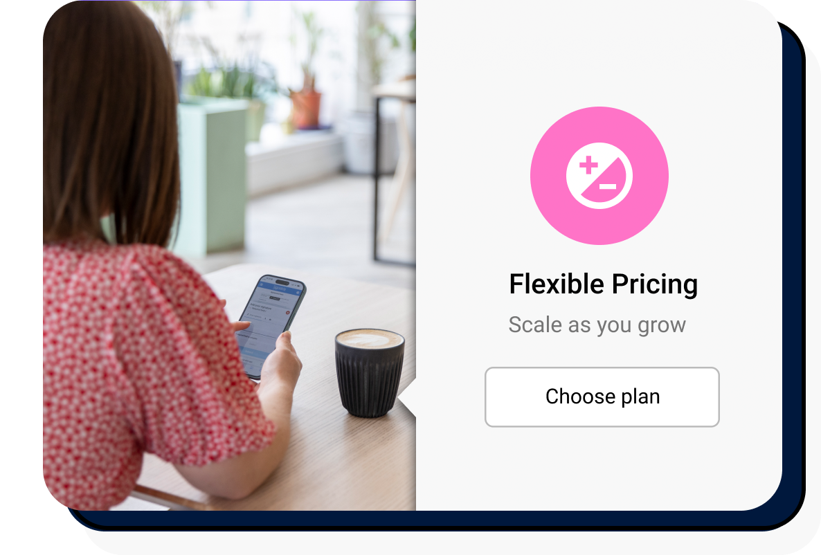 Woman in cafe viewing the Signable platform on her phone