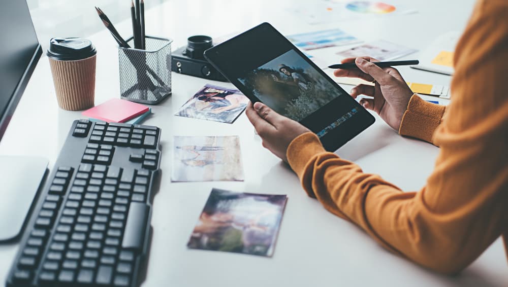 Photography studio with digital devices