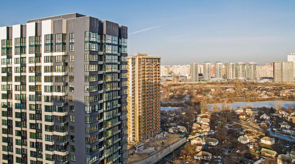 Arial shot of high rise buildings