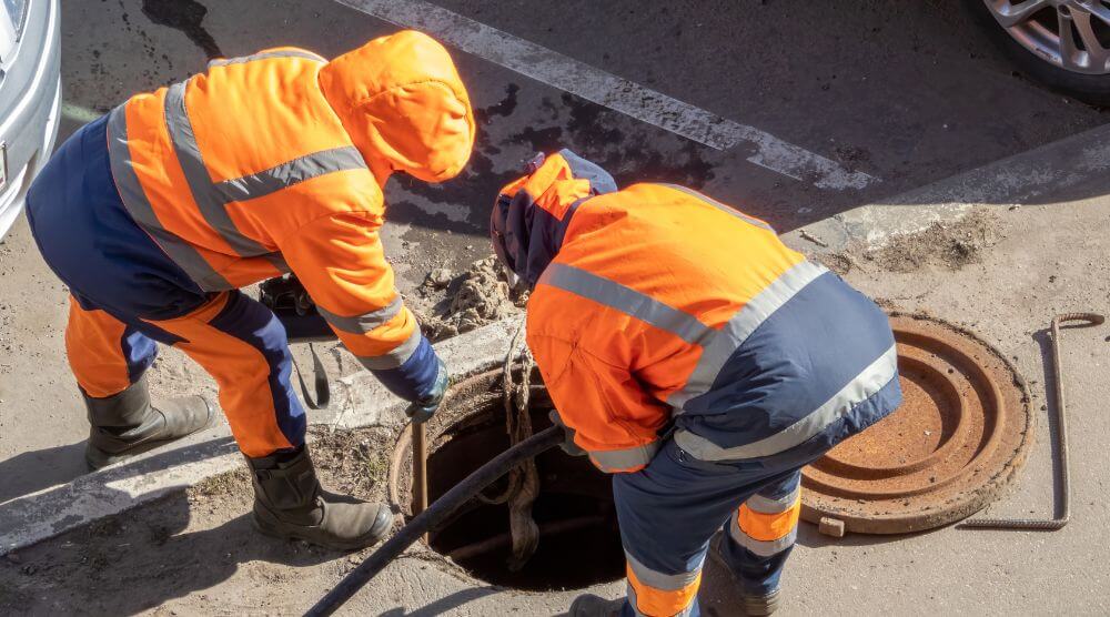 Two people in hi vis working on a drain